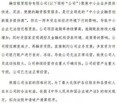 逾期租金飆至6.44億元后，融信租賃申請破產 時運不濟還是早有預謀？